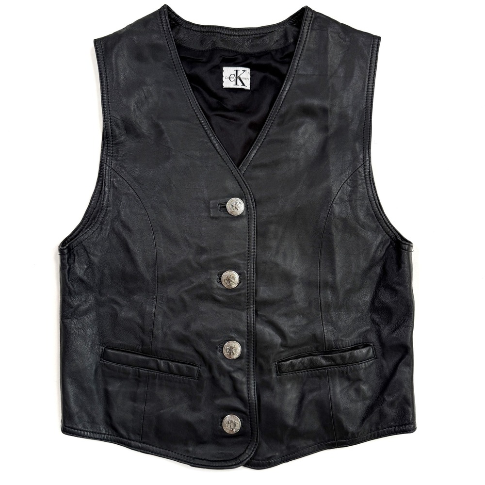 Calvin Klein 90s‎ Vintage Black Leather Vest CK Logo Button Pockets Buckle Back